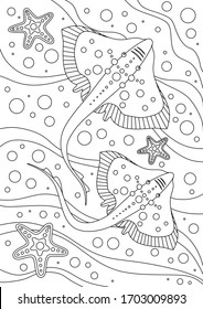 COLORING WITH TWO STINGRAYS AND SEA STARS ON THE SEA FLOOR IN VECTOR