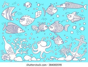 Coloring of underwater world. Aquarium with fish, octopus, corals, anchor, shells, stones, bottle with sailboat. Vector illustration.