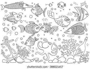 Coloring of underwater world. Aquarium with fish, octopus, corals, anchor, shells, stones, bottle with sailboat. Vector illustration.