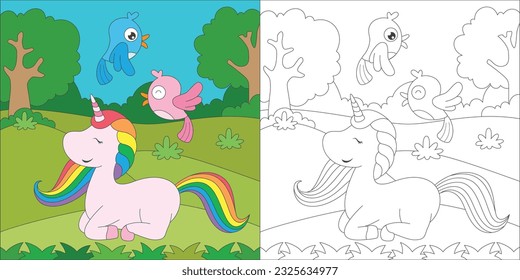 coloring unicorn and birds in the jungle