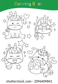 Coloring Unicorn Christmas holiday worksheet page. Educational printable coloring worksheet. Coloring game for preschool children. Black and white vector illustration. Motor skills education.
