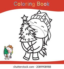Coloring Unicorn Christmas sets worksheet page. Educational printable coloring worksheet. Coloring game for preschool children. Black and white vector illustration. Motor skills education.