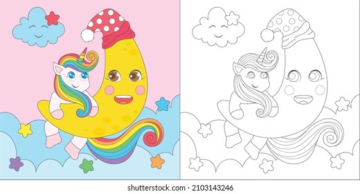 coloring unicorn playing in the moon