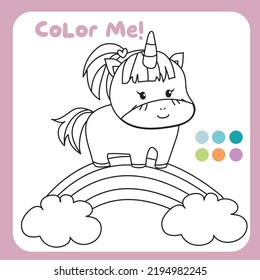 Coloring unicorn worksheet for children. Educational printable worksheet. Motor skills for children. Vector illustrations. 