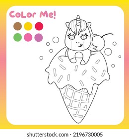 Coloring unicorn worksheet for children. Educational printable worksheet. Motor skills for children. Vector illustrations. 