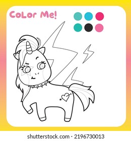 Coloring unicorn worksheet for children. Educational printable worksheet. Motor skills for children. Vector illustrations. 
