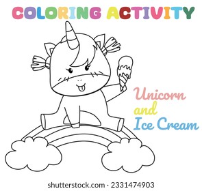 Coloring unicorn worksheet page. Let's colouring the cute unicorn sitting on the cloud and ice cream. Educational printable coloring worksheet. Coloring activity for kindergarten children. Vector file