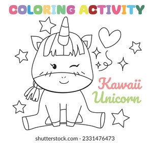 Coloring unicorn worksheet page. Let's colouring the kawaii unicorn. Educational printable coloring worksheet. Coloring activity for kindergarten children. Vector illustration.