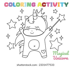 Coloring unicorn worksheet page. Let's colouring the magical unicorn. Educational printable coloring worksheet. Coloring activity for kindergarten children. Vector illustration.