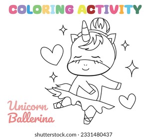 Coloring unicorn worksheet page. Let's colouring the ballerina unicorn. Educational printable coloring worksheet. Coloring activity for kindergarten children. Vector illustration.