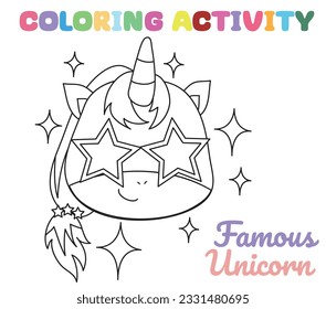 Coloring unicorn worksheet page. Let's colouring the famous unicorn. Educational printable coloring worksheet. Coloring activity for kindergarten children. Vector illustration.