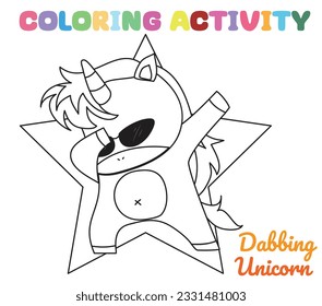 Coloring unicorn worksheet page. Let's colouring the dabbing unicorn. Educational printable coloring worksheet. Coloring activity for kindergarten children. Vector illustration.