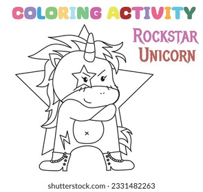 Coloring unicorn worksheet page. Let's colouring the Rockstar unicorn. Educational printable coloring worksheet. Coloring activity for kindergarten children. Vector illustration.
