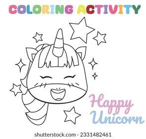Coloring unicorn worksheet page. Let's colouring the happy smiling unicorn. Educational printable coloring worksheet. Coloring activity for kindergarten children. Vector illustration.