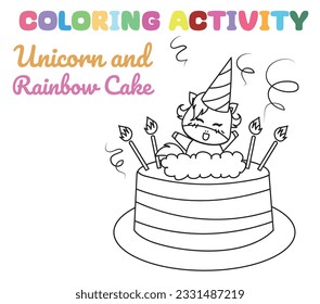 Färben der Einzeilenblattseite. Färben wir das Einhorn und den Regenbogenkuchen. Bilddruckfähige Farbtabelle. Farbaktivität für Kinder im Kindergarten. Vektorgrafik.