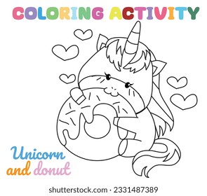 Coloring unicorn worksheet page. Let's colouring the kawaii unicorn eating donut. Educational printable coloring worksheet. Coloring activity for kindergarten children. Vector illustration.