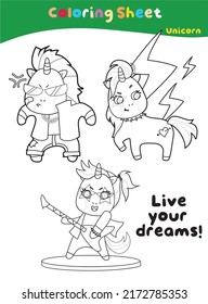 Coloring unicorns worksheet for children. Isolated outline sheet. Vector illustrations.