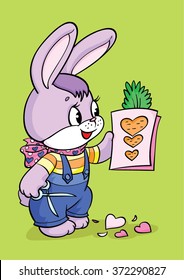 Coloring. Valentine. Cartoon Vector Illustration. Hare makes a valentine.