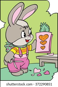 Coloring. Valentine. Cartoon Vector Illustration. Hare makes a valentine.