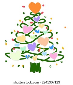 coloring various lagom firs with hatching scribble style. Hand-drawn Christmas trees with toys. ink element for cards, stamps, banners and your creativity