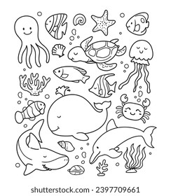 Coloring various sea animals doodle vector