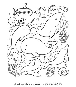 Coloring various sea animals doodle vector