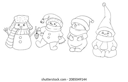 coloring vector cute cartoon snowman set