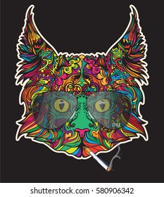 Coloring vector face of cat with aviator glasses and cigarette. Illustration isolated on black background.