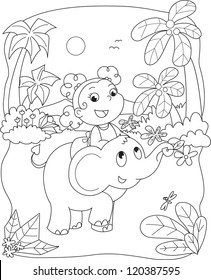 Coloring vector of girl riding an elephant