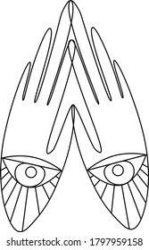 
Coloring. Vector image in black linear design. Two palms folded in prayer. On the hands the image of the eyes Eastern theme.