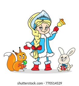 coloring vector New Year party snow maiden squirrel bunny. For a children's magazine, newspapers, thin lines, outline.