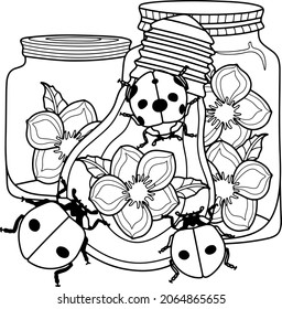 Coloring vector page for adults and children. Jars and a large light bulb with flowers and ladybugs.	