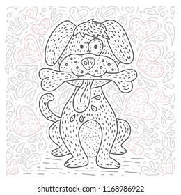 Coloring vector page with cartoon doodle animal. Happy detailed doodle hand drawn dog with a bone and hearts. Outline playful card.