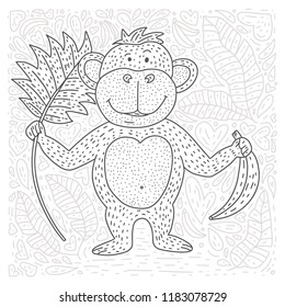 Coloring vector page with cartoon doodle animal. Outline playful card with a monkey, bananas and palm leaves.