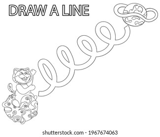 Coloring vector page with cute astrocat planet and paht for finger play. Contour on white