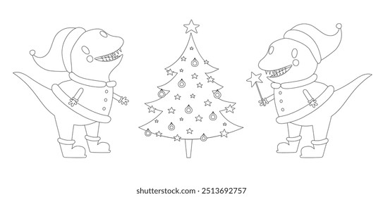 Coloring Vector Page of Dinosaurs Wearing Santa Claus Costumes Admiring the Christmas Tree. Coloring Book Xmas Elements: Happy Dino-Santa and Cute Fir Tree with Baubles and Stars. White Background.