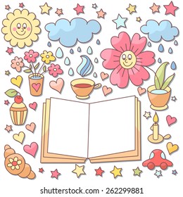Coloring vector page with open notebook, flowers, sweets, car, sun and clouds.