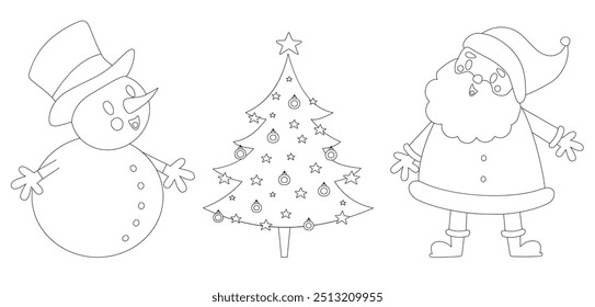 Coloring Vector Page of Santa Claus and Snowman Admiring the Christmas Tree. Coloring Book Xmas Elements: Happy Santa, Cute Snowman and Fir Tree with Baubles and Stars. White Background.