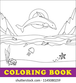 Coloring vector pages. Sea coloring book for children. The dolphin jumps out of the water on the background of sea landscape and mountains.  Seascape with the underwater world in the ocean. 