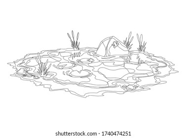 Coloring water pond with reeds and stones around