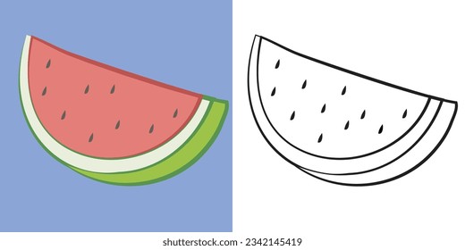 Coloring the watermelon fruit. Simple coloring page for kids. Fun activity for kids. Educational printable coloring worksheet. Coloring activity for children. Vector illustration.