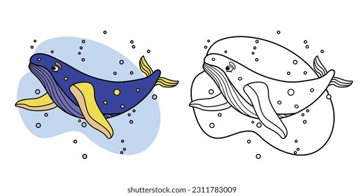 Coloring whale with an example of how to color, the underwater world. Vector stock illustration. isolated.