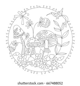 Färben von Wildpilzen. Vektorgrafik eines in einen Kreis eingebetteten