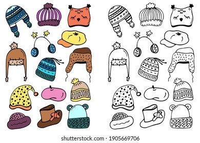 Coloridos sombreros de invierno. Pintar por ejemplo. Tareas de desarrollo para los niños. Libro de Colores aislado de fondo blanco. Ilustración del vector
