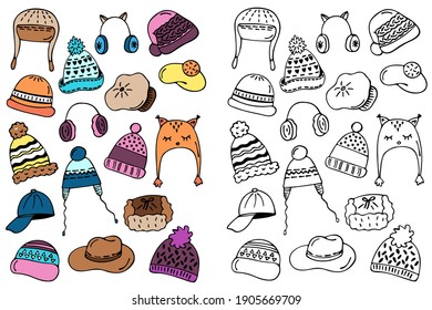 Coloring winter hats set. Paint by example. Developmental tasks for children. Coloring book isolated on white background. Vector illustration