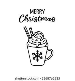 Coloring winter hot drink with letetring Merry Christmas. Hand drawn doodle drink with whipped cream. Isolated sketch vector illustration