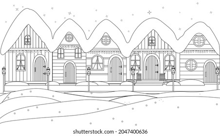 Coloring of a winter New Year's street with houses decorated with garlands of lanterns. For a holiday card, page, creativity, design design.