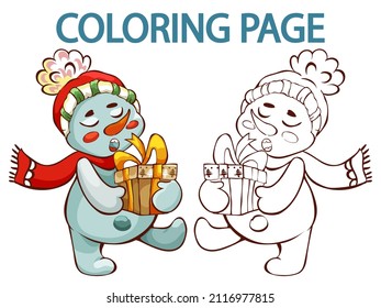 Colorido página de invierno con una muestra colorida adorable muñeco de nieve llevando un regalo. lista de tareas imprimibles para preescolar. Aislado sobre blanco 