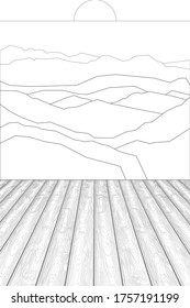 Coloring of wooden planks against the background of hills