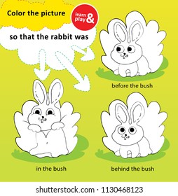 Coloring. Workout to feeling space and drawing ability for kid. Little bunny sitting in before and behind bush. Learn and play together in kindergarten or home. Hand draw design. Vector illustration.